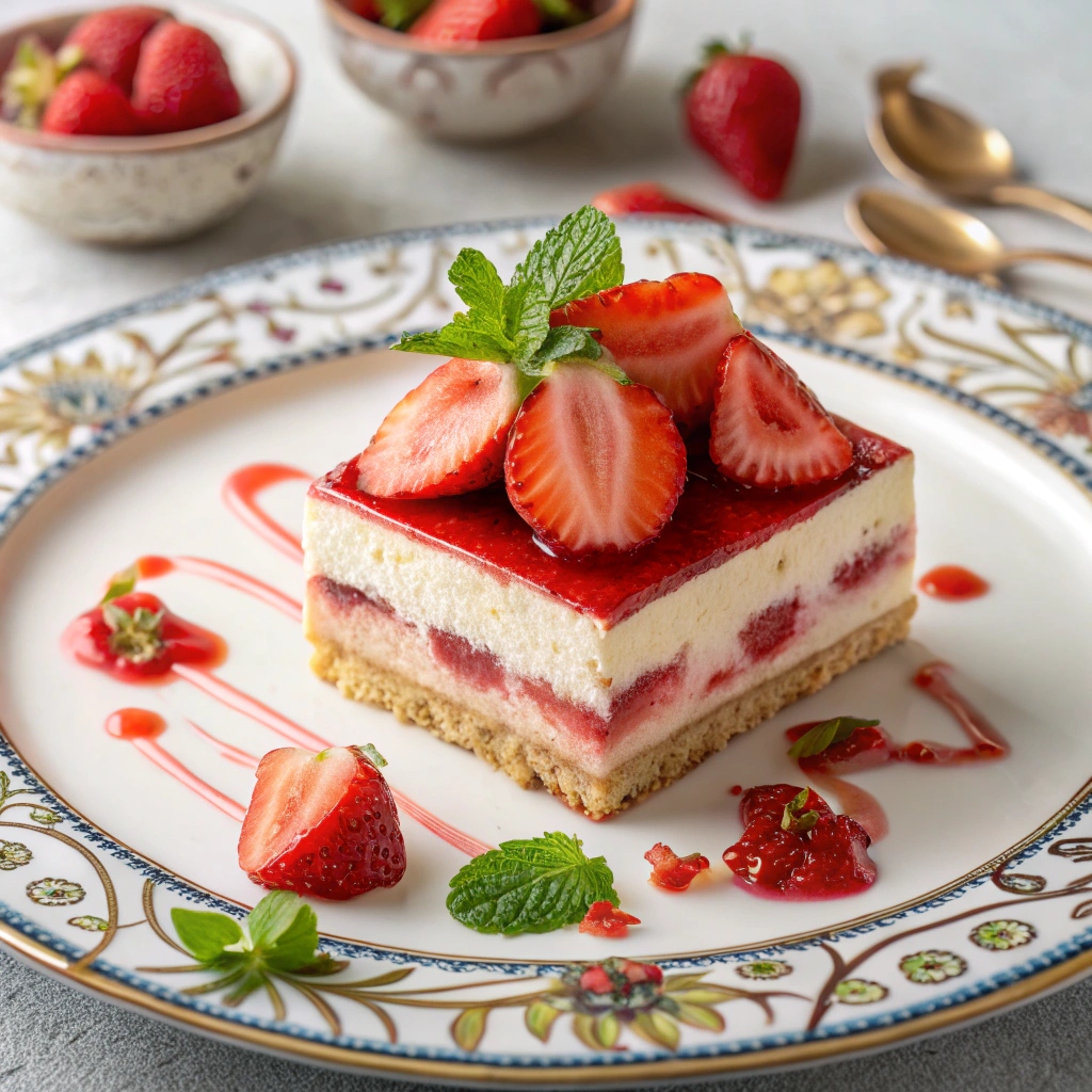 A beautifully plated slice of Strawberry Cheesecake Tiramisu topped with fresh strawberry slices, a mint sprig, and a drizzle of strawberry syrup on a decorative plate.