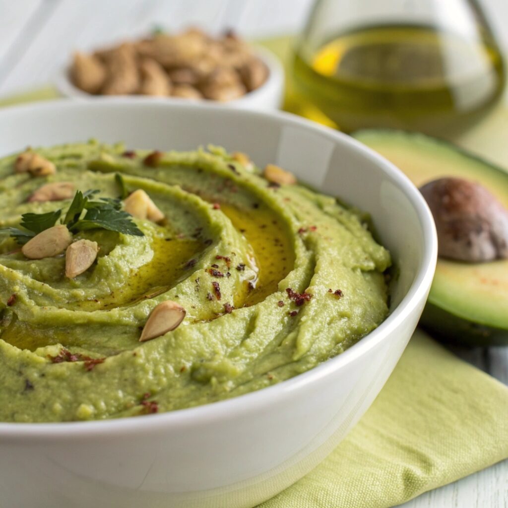 A rich, green-colored Baba Ganoush blended with ripe avocado, garnished with a drizzle of olive oil.