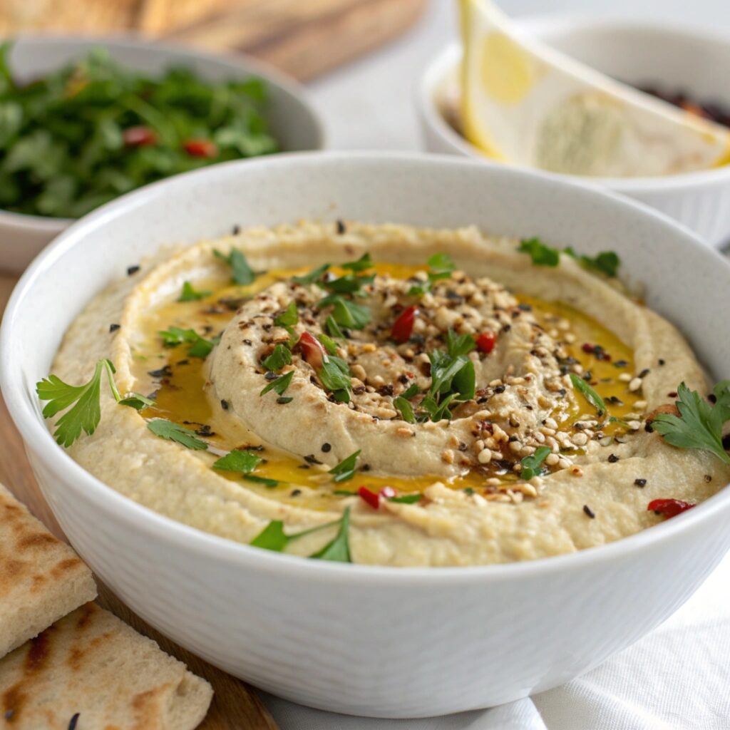 A bowl of Baba Ganoush topped with toasted sesame seeds and a drizzle of sesame oil, garnished with herbs.