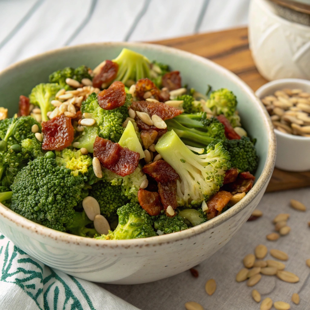 A bowl of finished broccoli salad garnished with extra bacon bits and sunflower seeds.