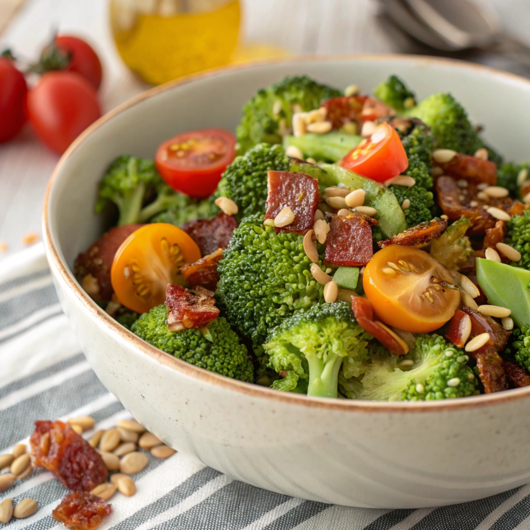 A close-up of broccoli salad highlighting the crisp broccoli, melted cheese, and crunchy sunflower seeds.