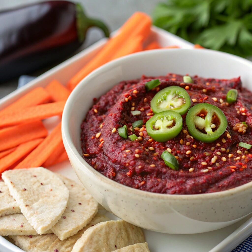 A bowl of vibrant spicy Baba Ganoush garnished with chili flakes and sliced jalapeños, served with fresh vegetables.