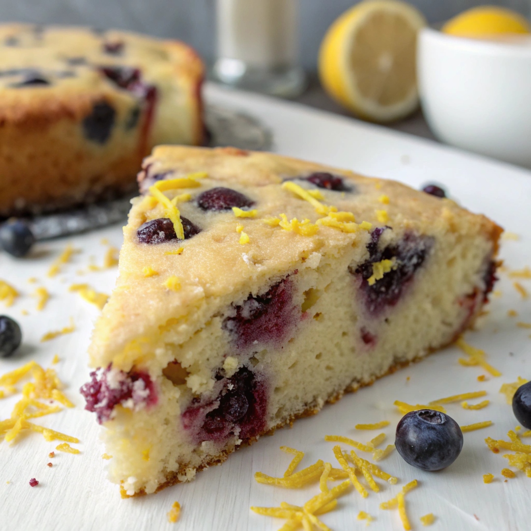 A close-up of a slice of Lemon Blueberry Cake showing moist crumb and vibrant blueberry and lemon zest specks on top.