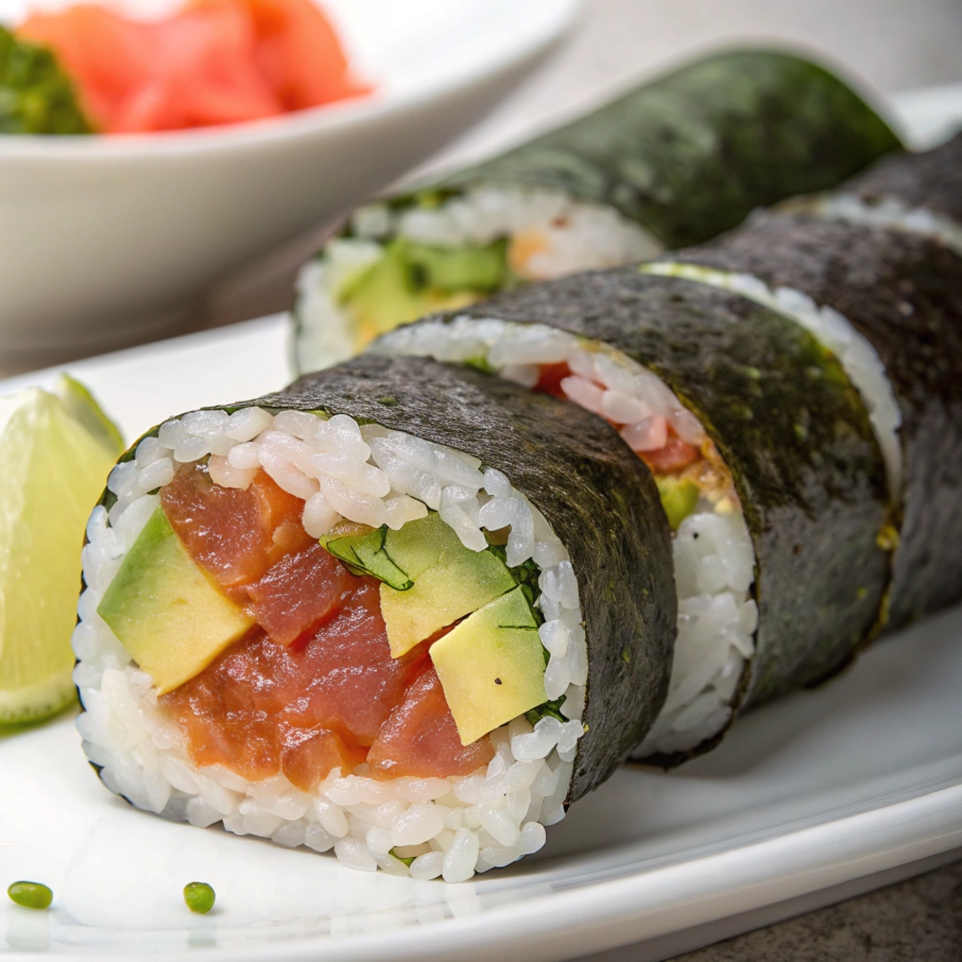 A close-up shot of a cut sushi roll showing colorful fillings of cucumber, avocado, and fish, wrapped in nori and rice.