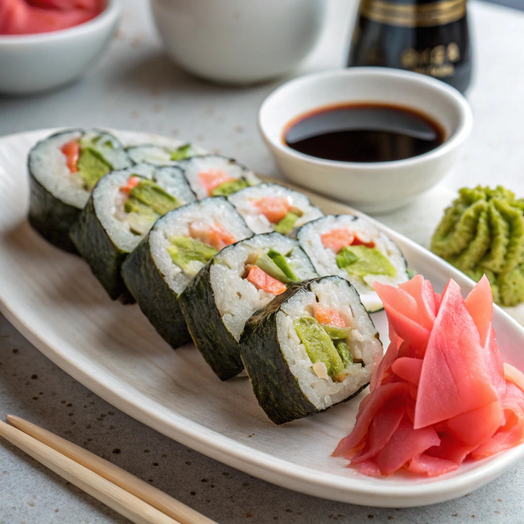 A plate of neatly sliced sushi rolls garnished with wasabi, pickled ginger, and soy sauce.