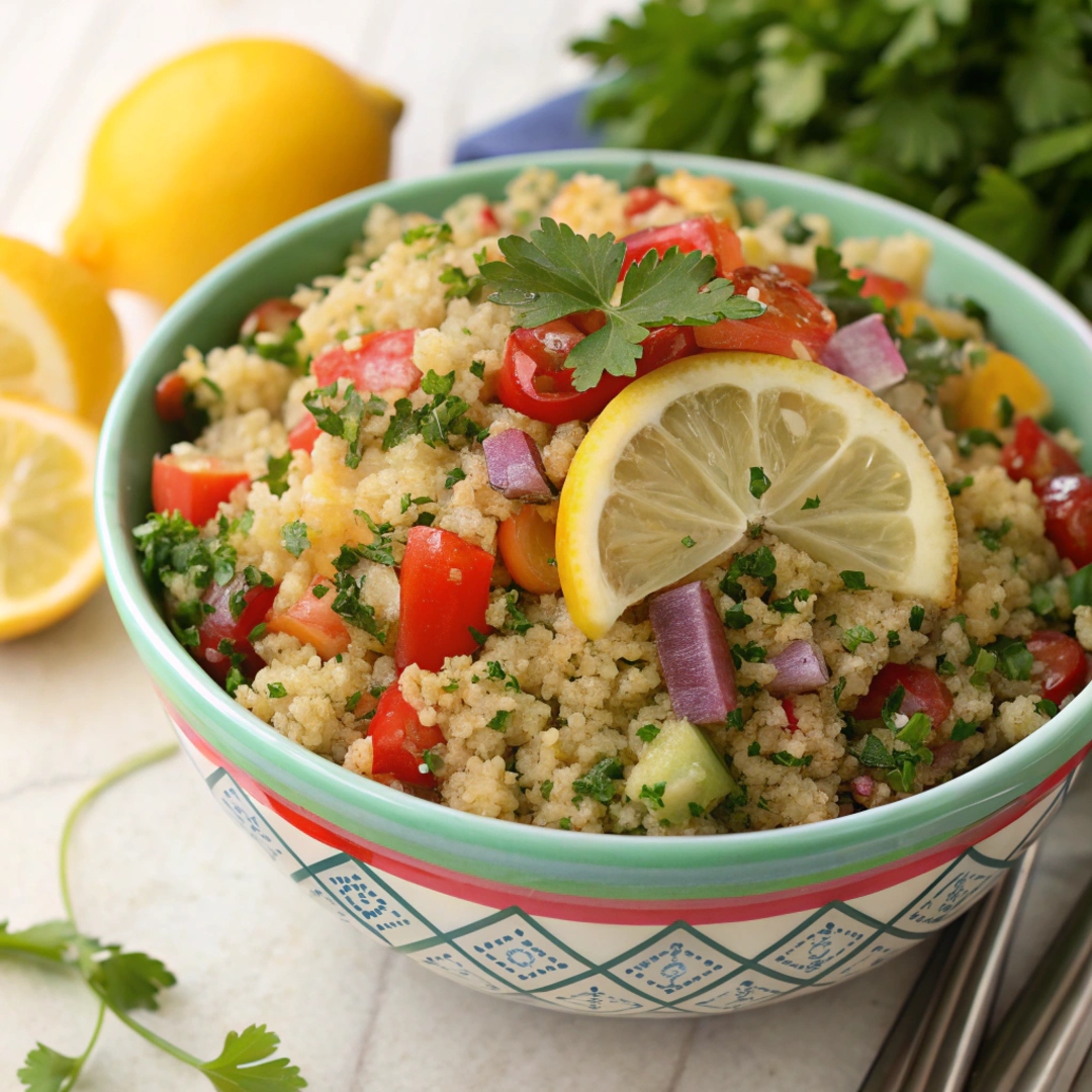 A colorful bowl of quinoa salad topped with fresh chopped herbs, diced vegetables, and lemon wedges, showcasing a vibrant, healthy meal.