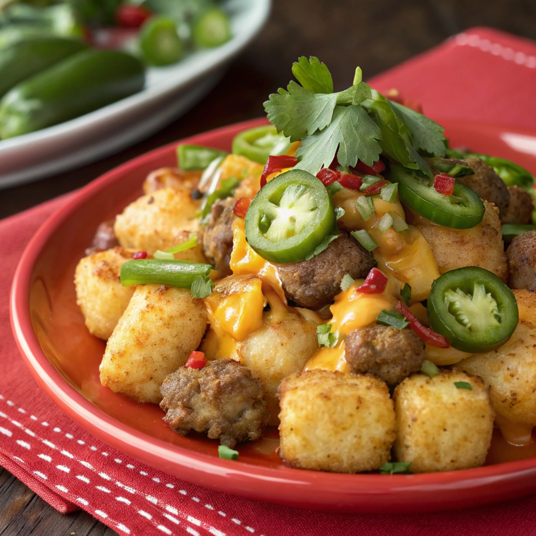 A slice of Spicy Sausage Cream Cheese Tater Tot Breakfast on a plate, showing crispy tater tots, melted cheese, and spicy sausage with green pepper flakes.