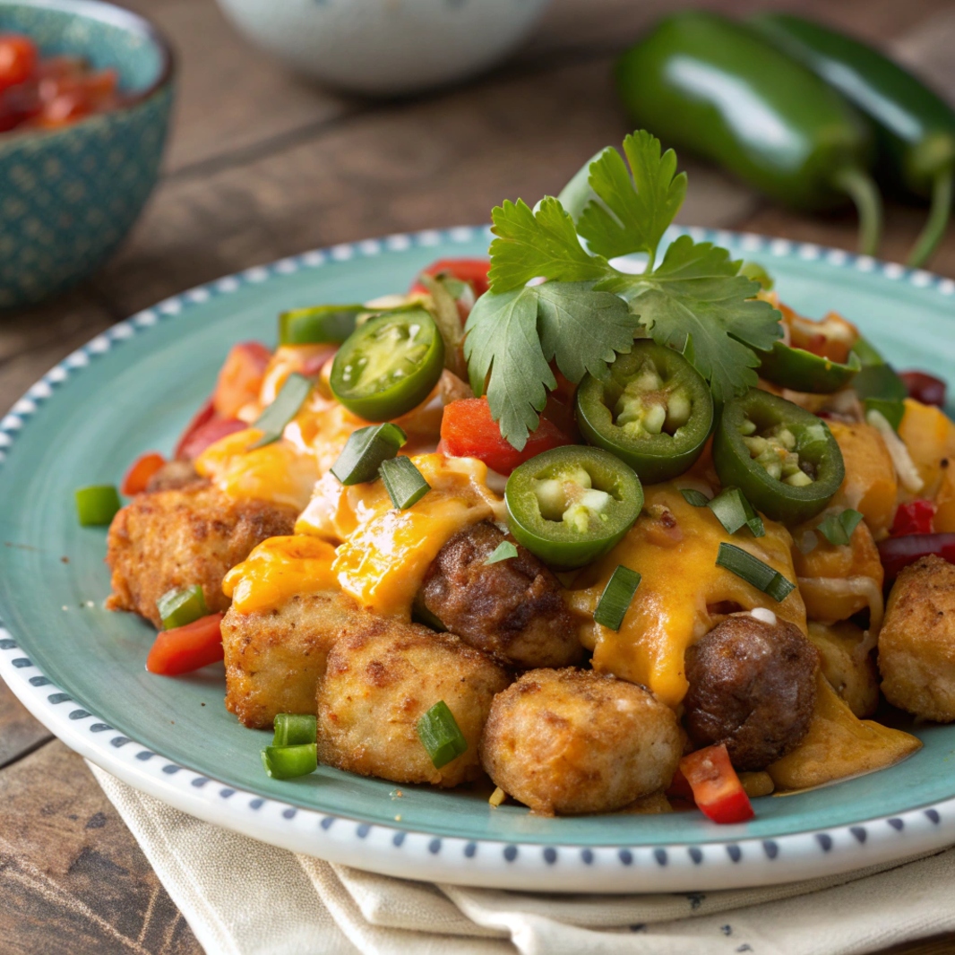  A colorful plate of Southwestern Fiesta Sausage Cream Cheese Tater Tot Breakfast, topped with jalapeños, diced peppers, and melted cheese, served with fresh cilantro.