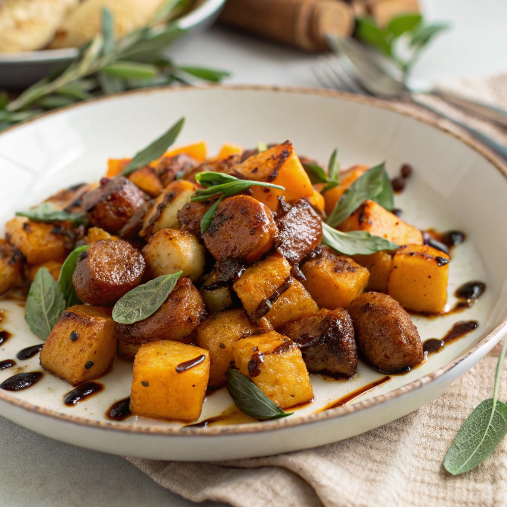 A cozy plate of roasted gnocchi and sausage with roasted butternut squash, garnished with sage leaves and a drizzle of balsamic reduction.