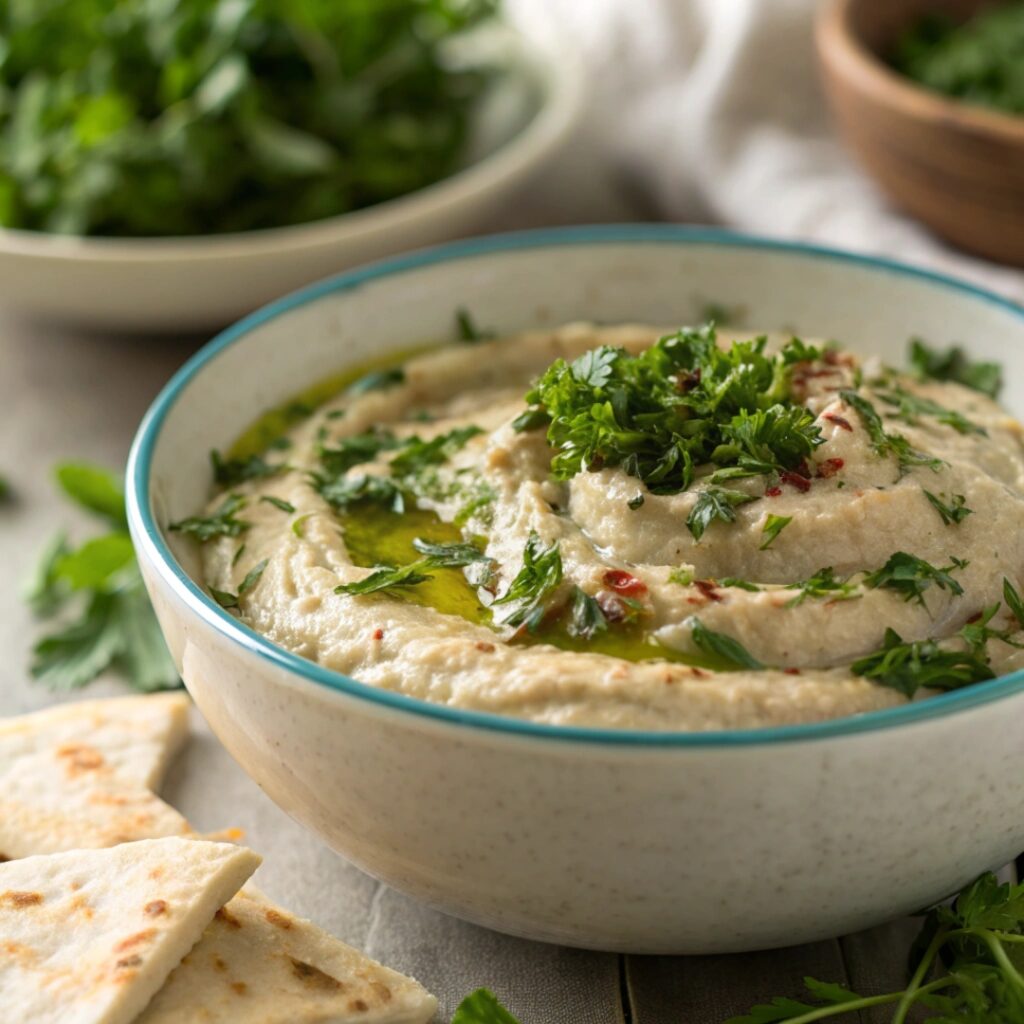 A creamy bowl of Baba Ganoush sprinkled with fresh chopped parsley and mint, garnished with extra herbs.