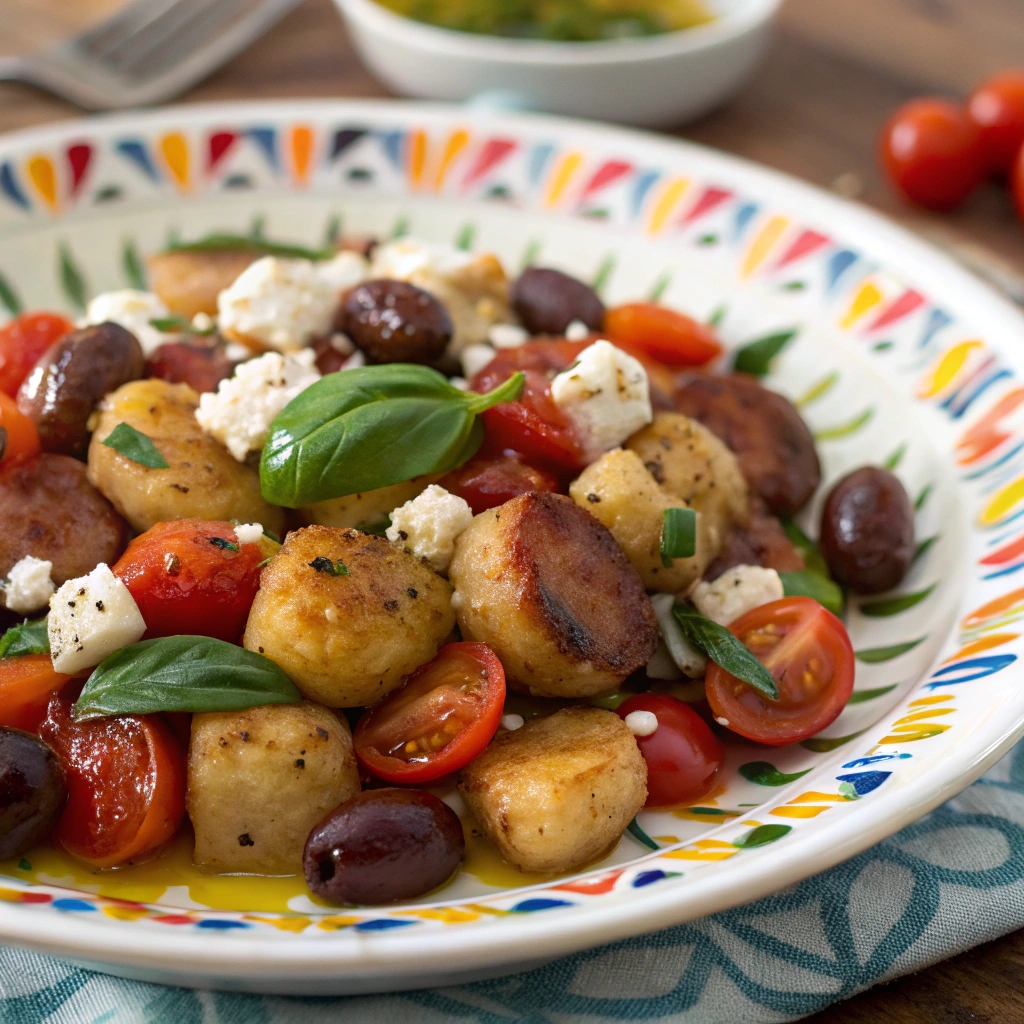 Colorful plate of roasted gnocchi and sausage topped with cherry tomatoes, kalamata olives, feta cheese, fresh basil, and a drizzle of olive oil.