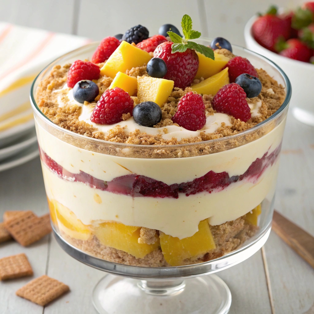 A layered dessert featuring alternating layers of creamy filling, fresh mixed berries, mango slices, and crushed cookies in a clear glass dish.