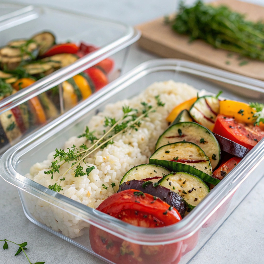 A neatly organized meal prep container filled with grilled vegetables, rice, and fresh herbs, ready for a healthy lunch or dinner.