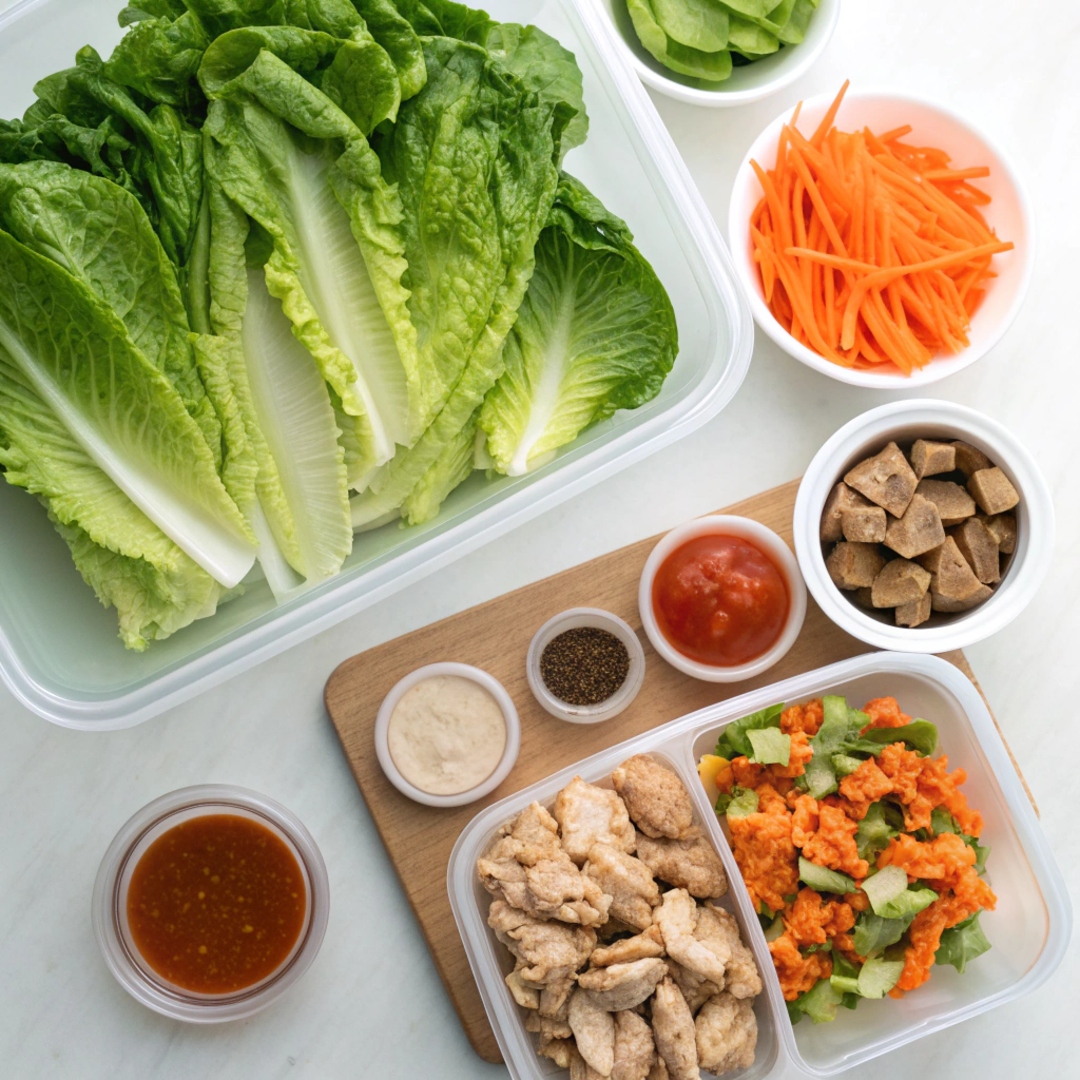 A neatly organized meal prep station featuring pre-cooked proteins, fresh washed lettuce leaves, small containers of sauces, and chopped vegetables ready for assembling healthy lettuce wraps.