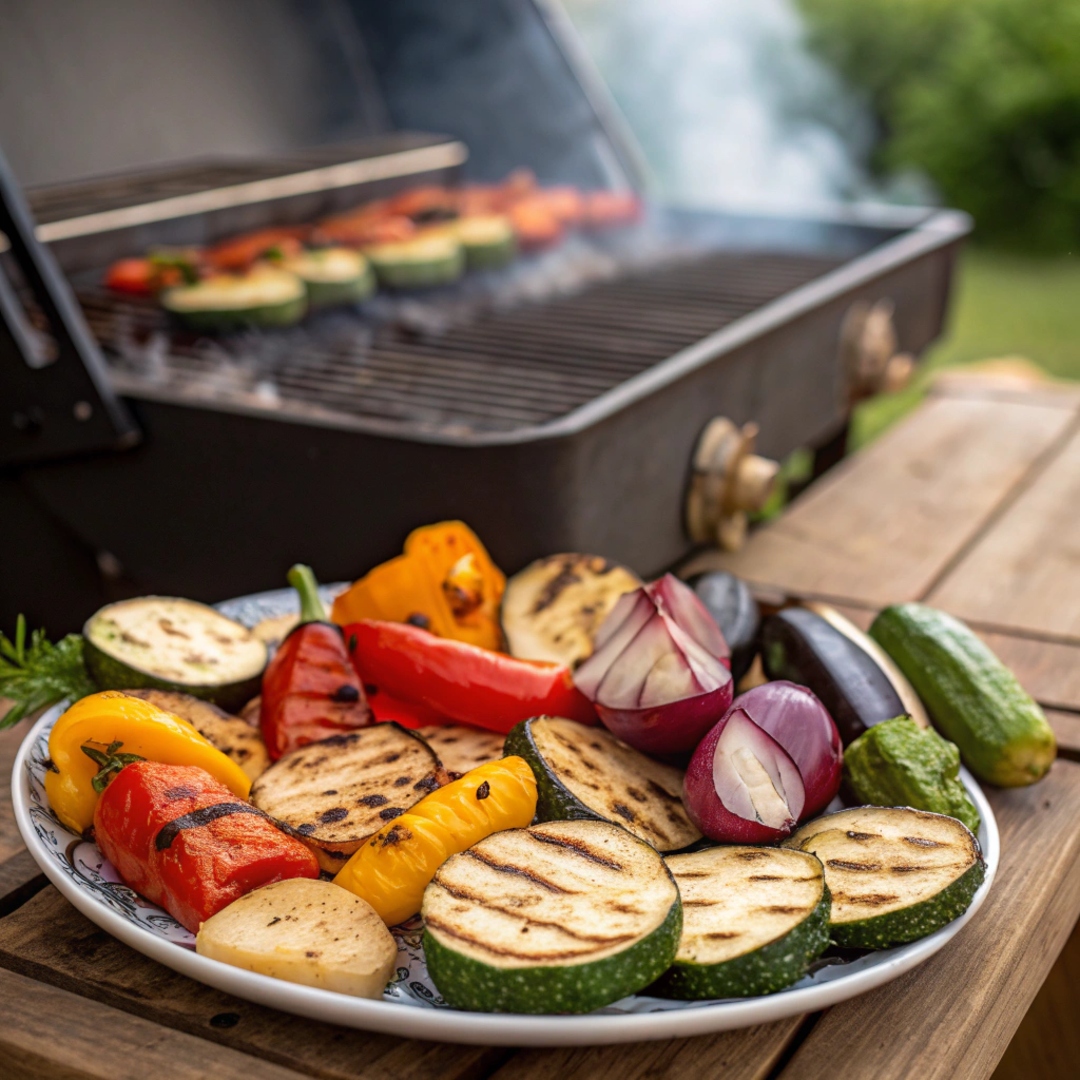 A photograph of freshly grilled vegetables arranged on a plate, including zucchini, bell peppers, eggplant, and onions, with a backdrop of a outdoor barbecue grill.