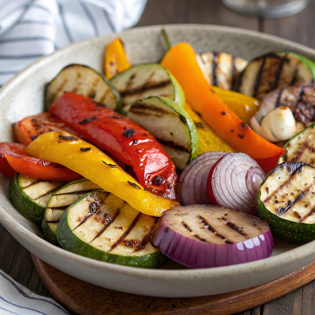 A plate of colorful, grilled vegetables including zucchini, bell peppers, eggplant, and onions with visible grill marks, arranged attractively on a serving dish.