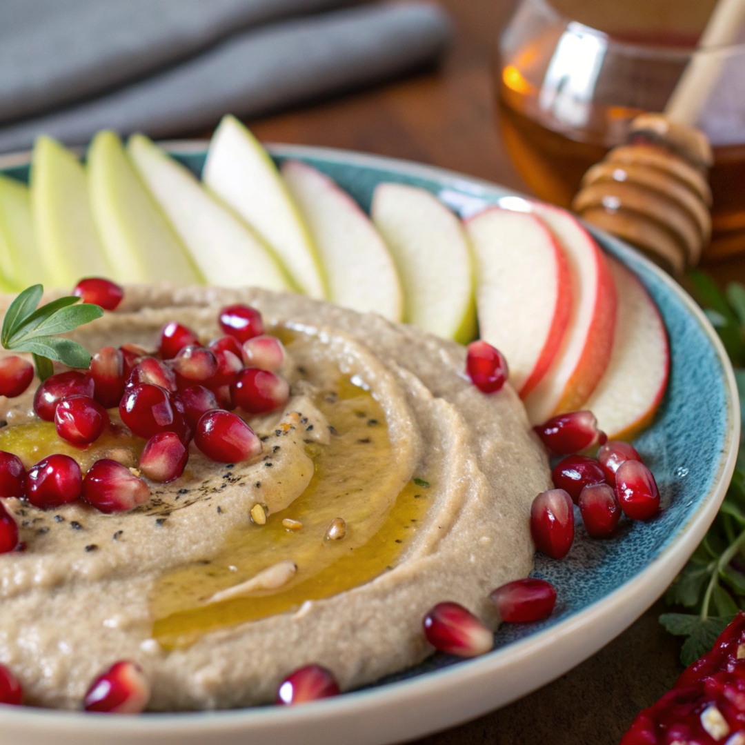 A platter featuring Baba Ganoush drizzled with honey, garnished with pomegranate seeds and slices of apple.
