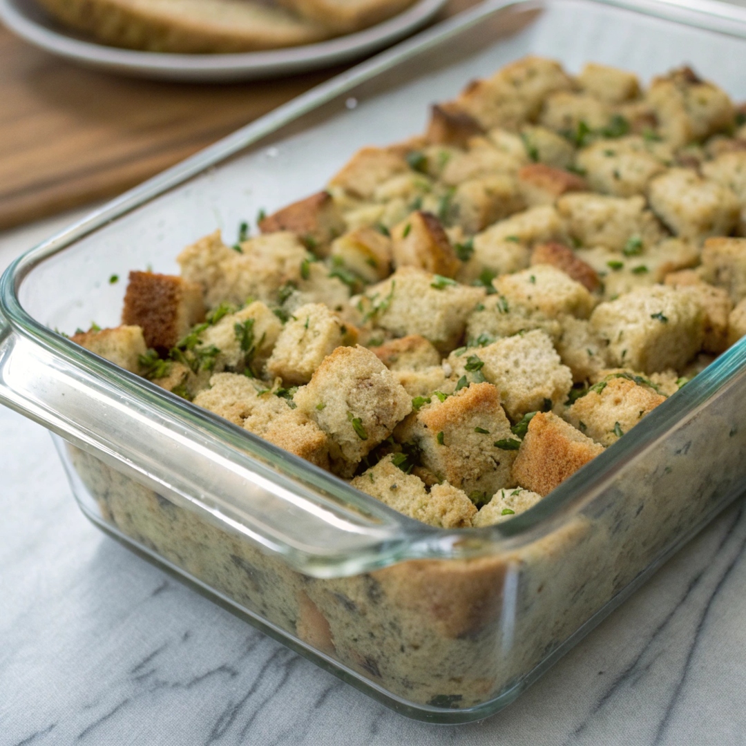 A prepared batch of stuffing tightly packed in a glass container, ready to be stored in the refrigerator or freezer for meal prep.