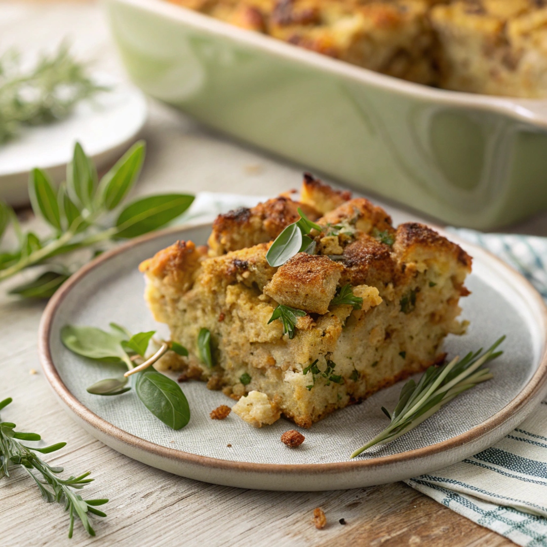 A slice of golden baked stuffing served on a plate, garnished with fresh herbs.