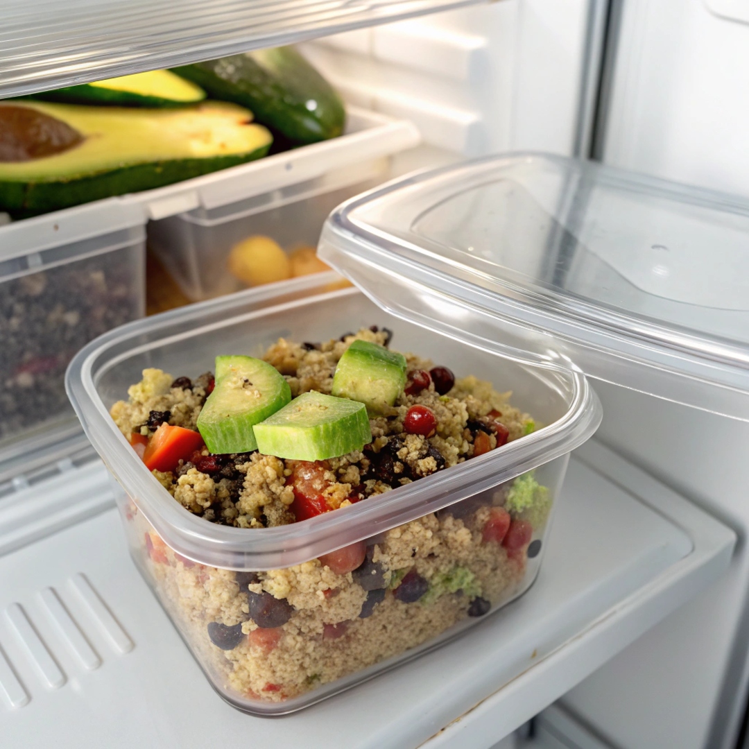 A sealed container of prepared quinoa salad with avocado and black beans stored in the refrigerator.