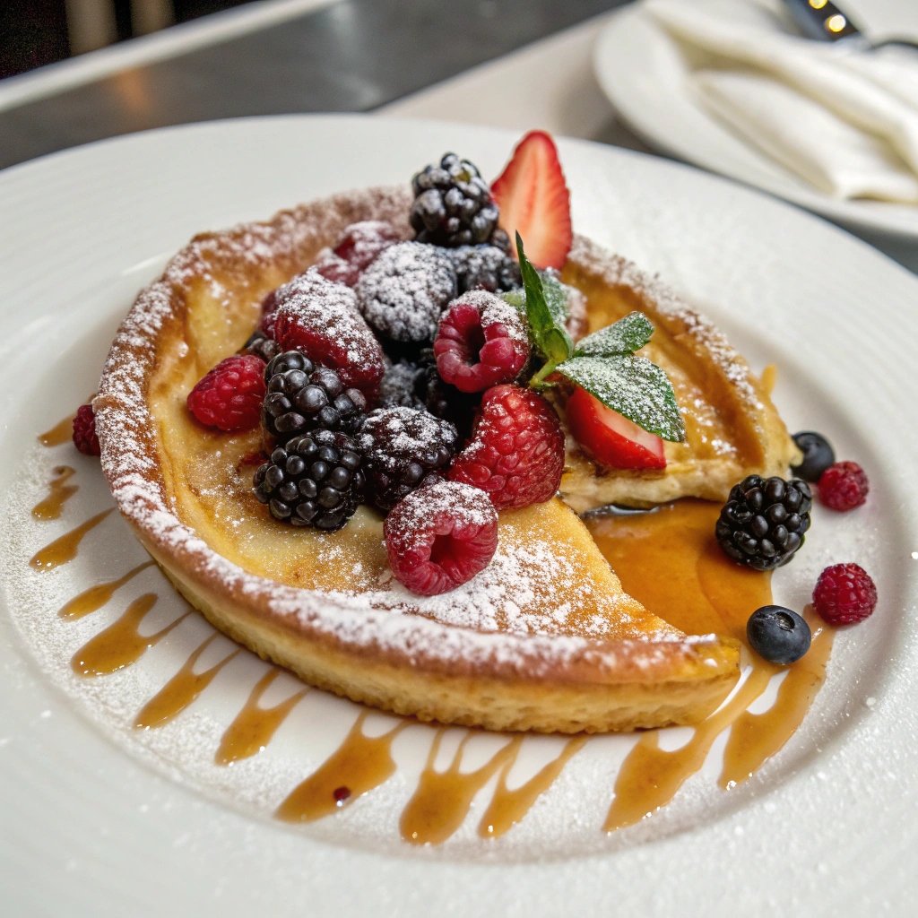  A serve of Dutch Baby topped with fresh berries, powdered sugar, and a drizzle of syrup on a white plate.