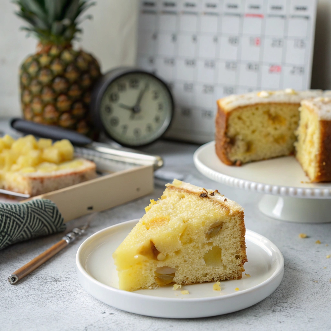 A slice of pineapple cake on a plate with a timer and a calendar in the background, symbolizing storage and freshness duration.