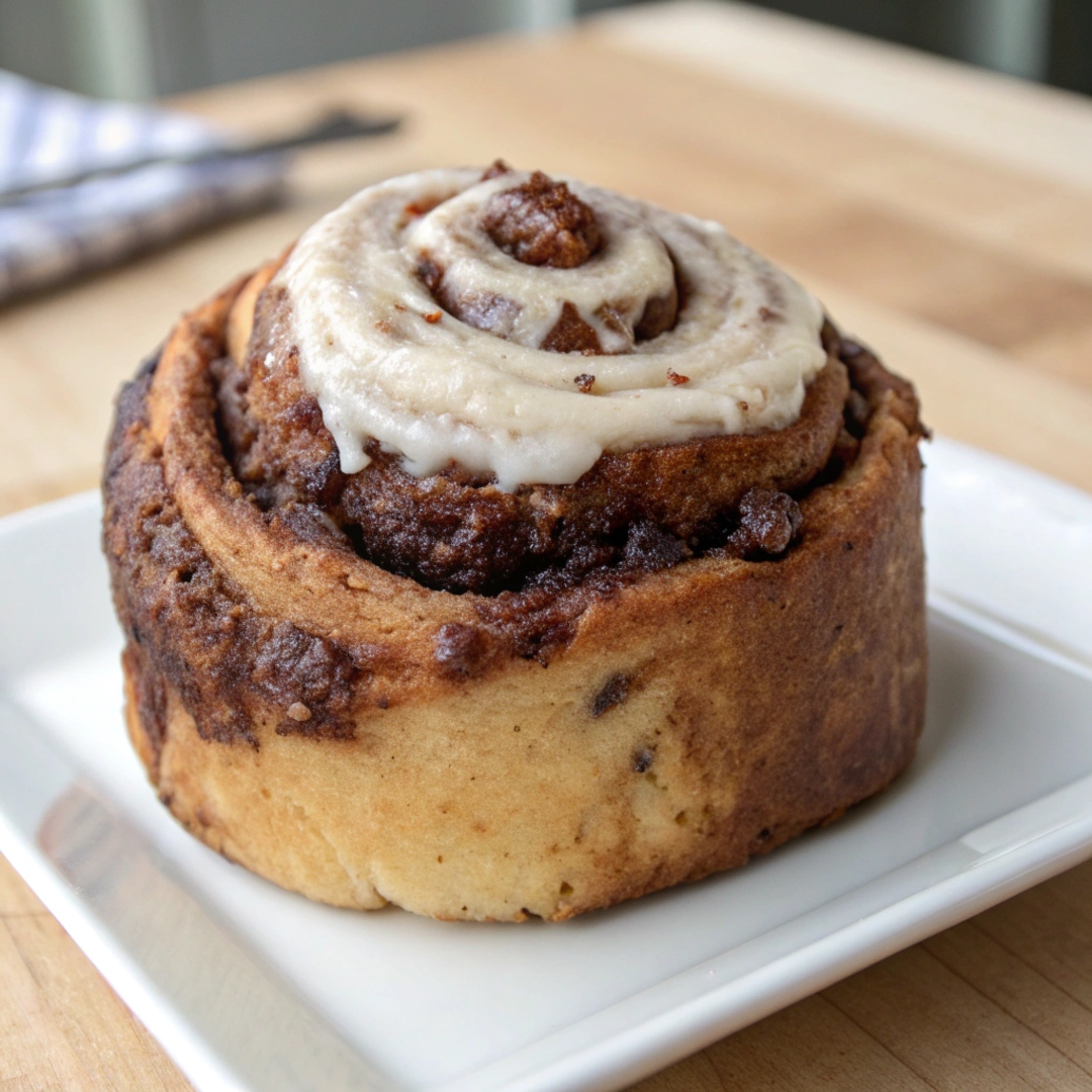 A whole grain clone of a Cinnabon Rolls, featuring darker, denser dough and a hearty appearance, topped with frosting.