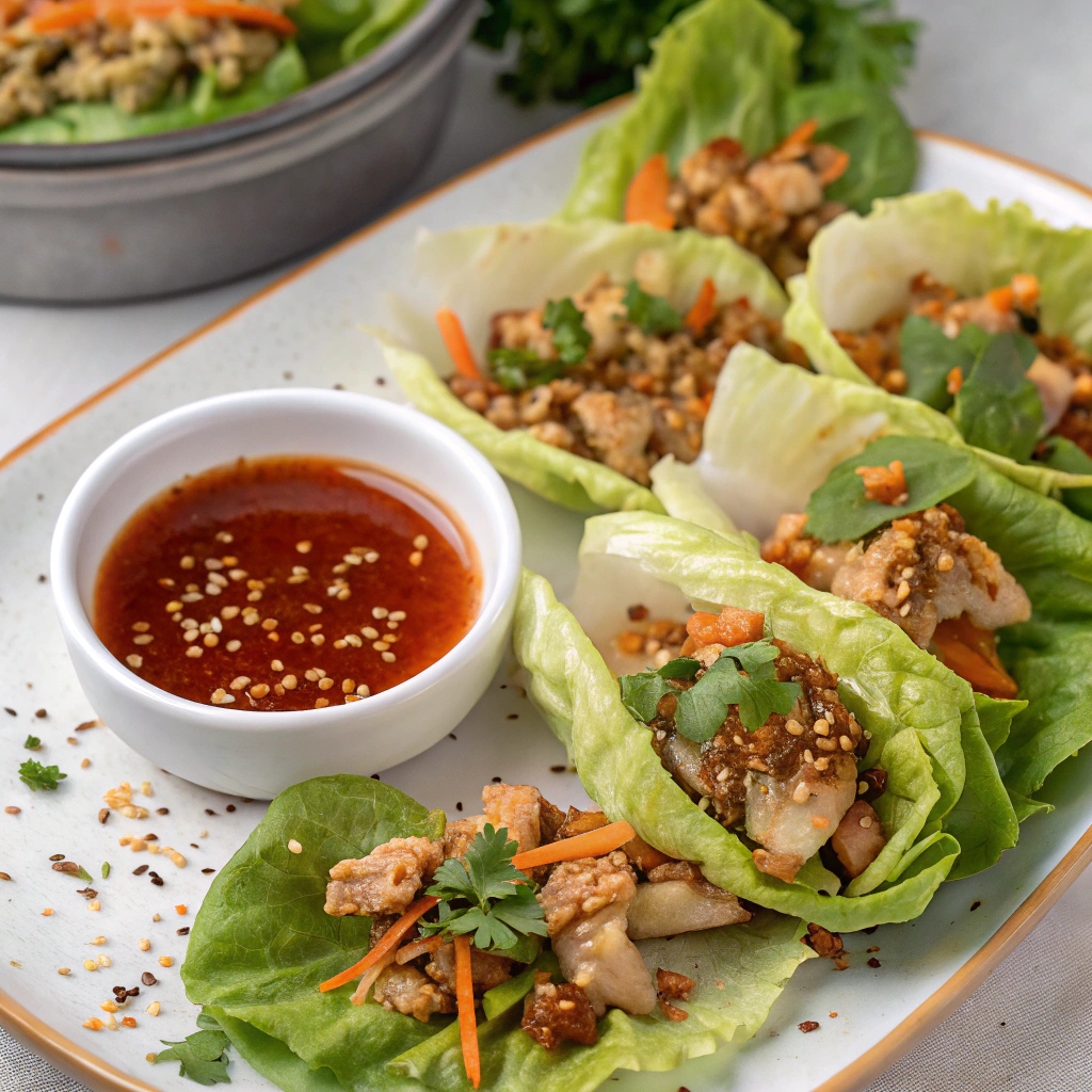 Asian Chicken Lettuce Wraps garnished with fresh vegetables
