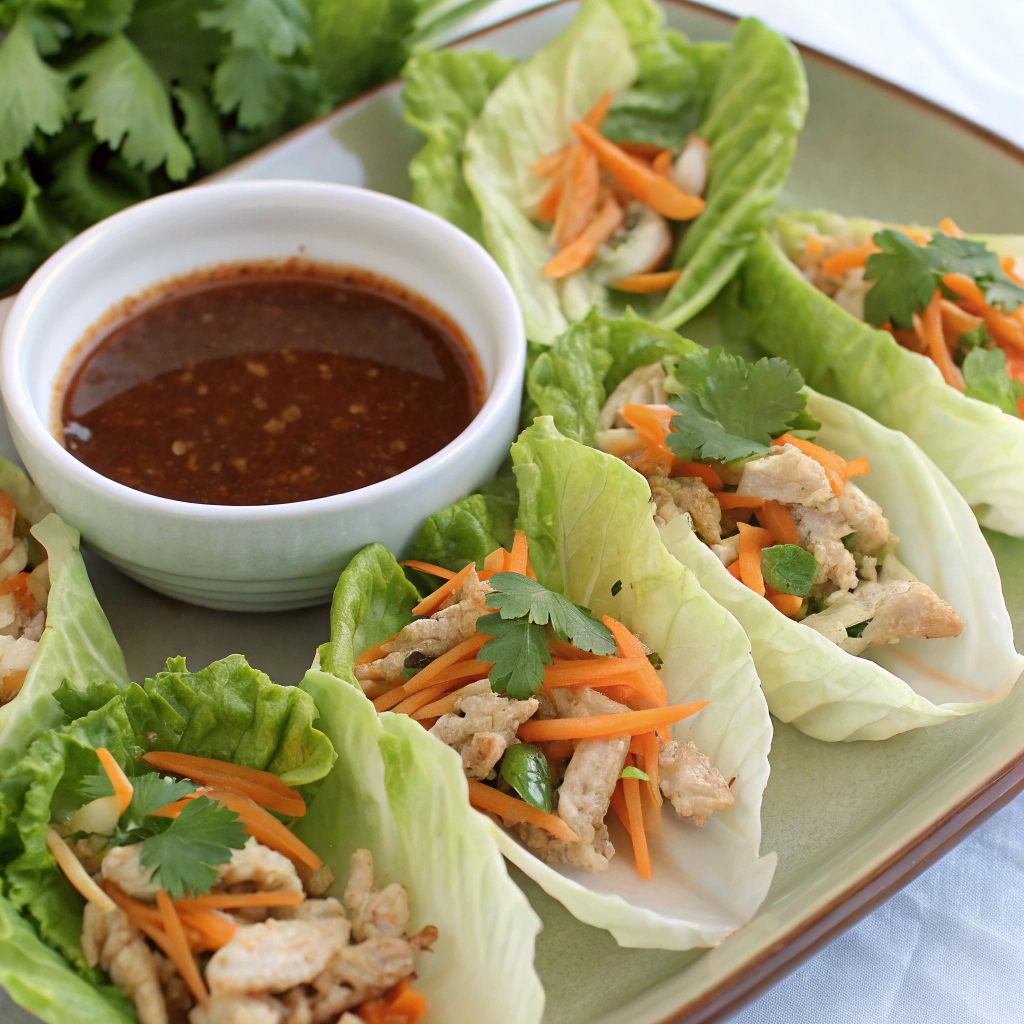 Asian Chicken Lettuce Wraps garnished with fresh vegetables