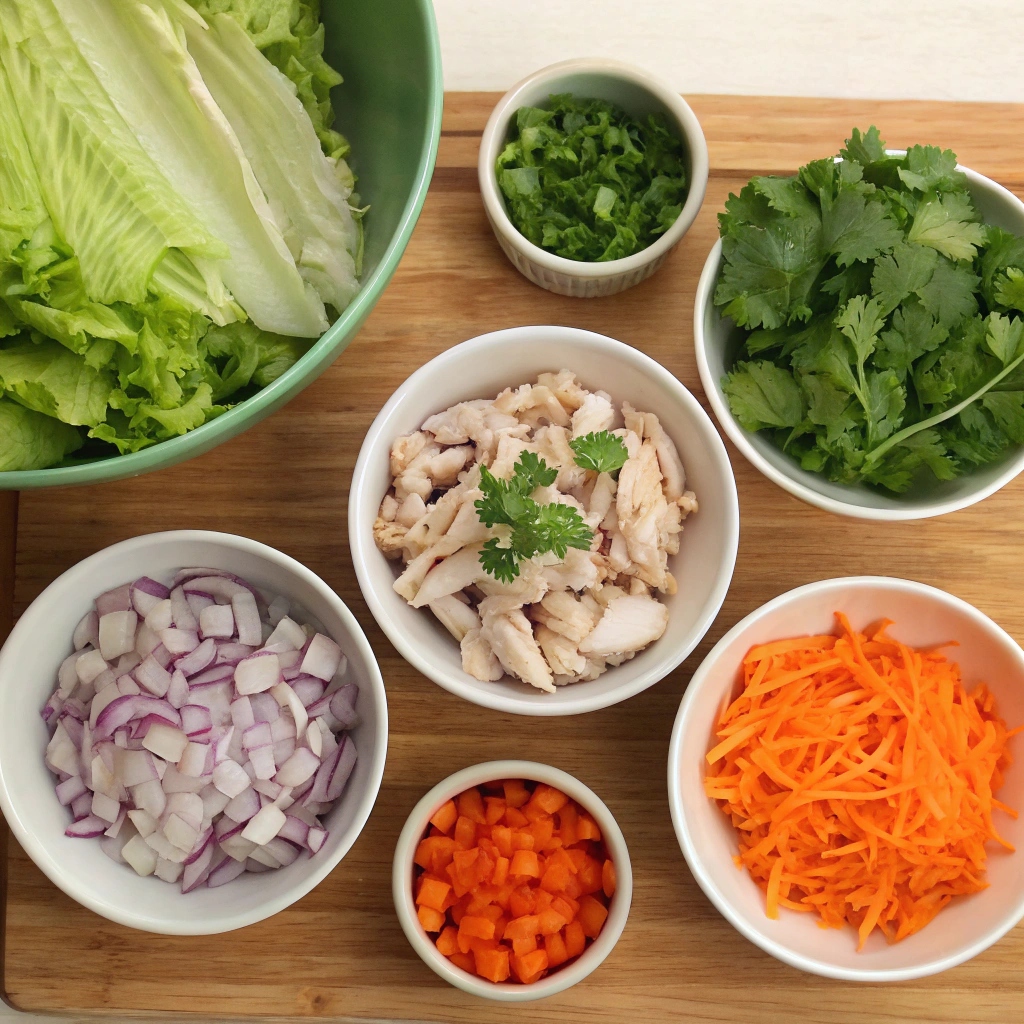 ingredients to Asian Chicken Lettuce Wraps garnished with fresh vegetables