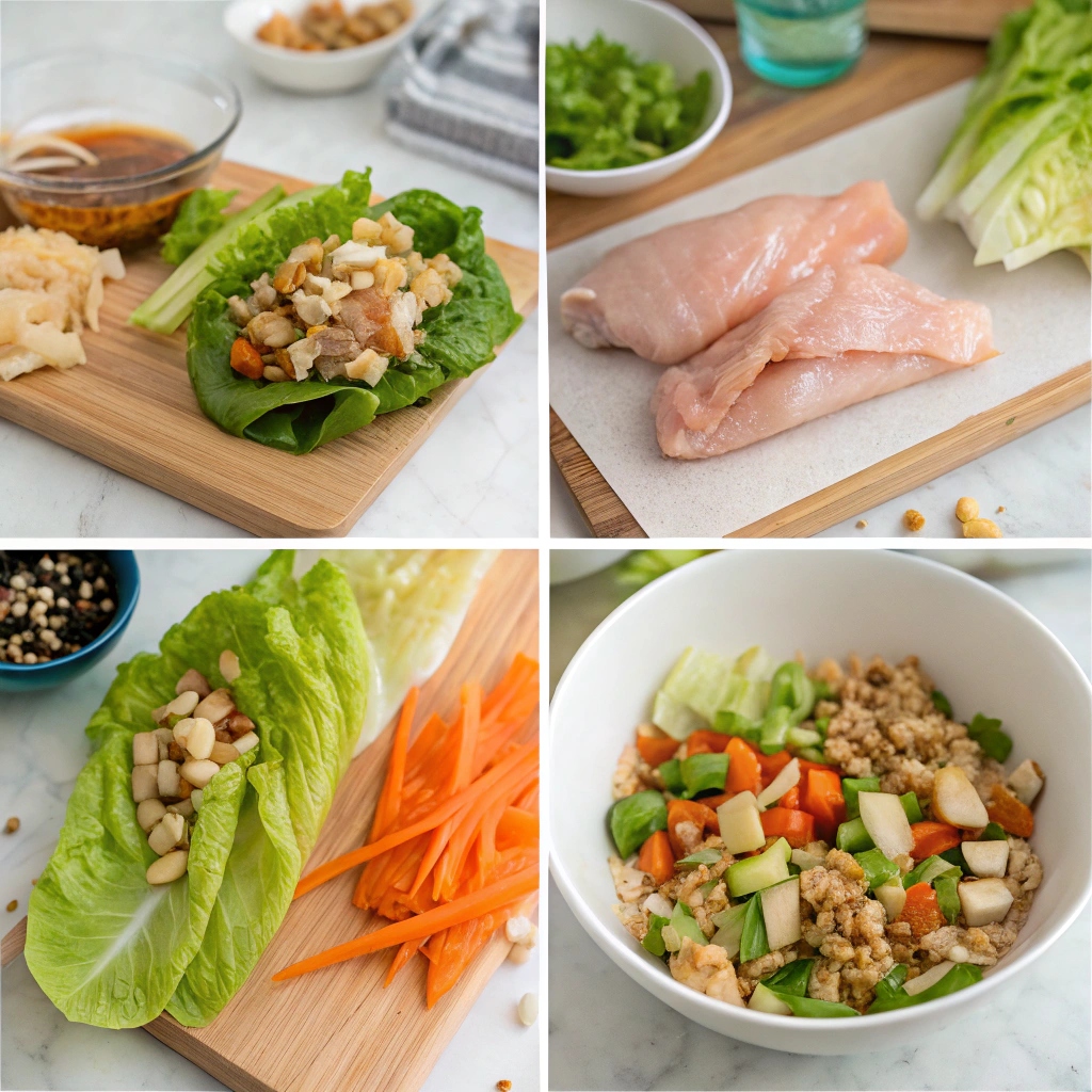 instructions to Asian Chicken Lettuce Wraps garnished with fresh vegetables