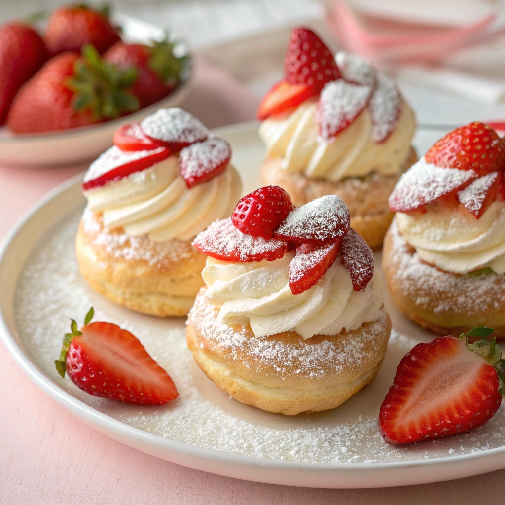 A tempting plate of strawberry cream puffs topped with strawberry slices and dusted with powdered sugar.