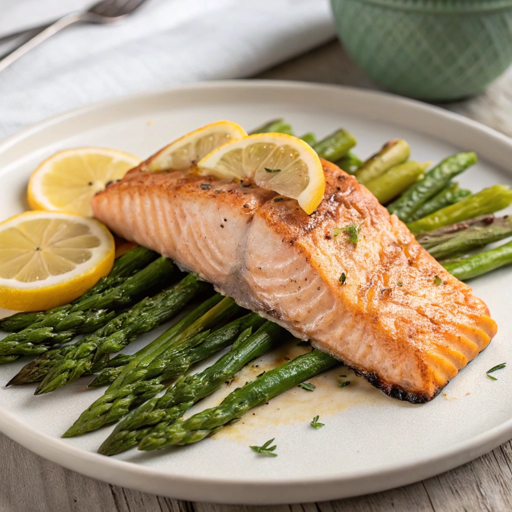 Healthy Dinner idea Fresh salmon fillets, asparagus, lemon slices, garlic, herbs, and olive oil arranged on a kitchen counter.