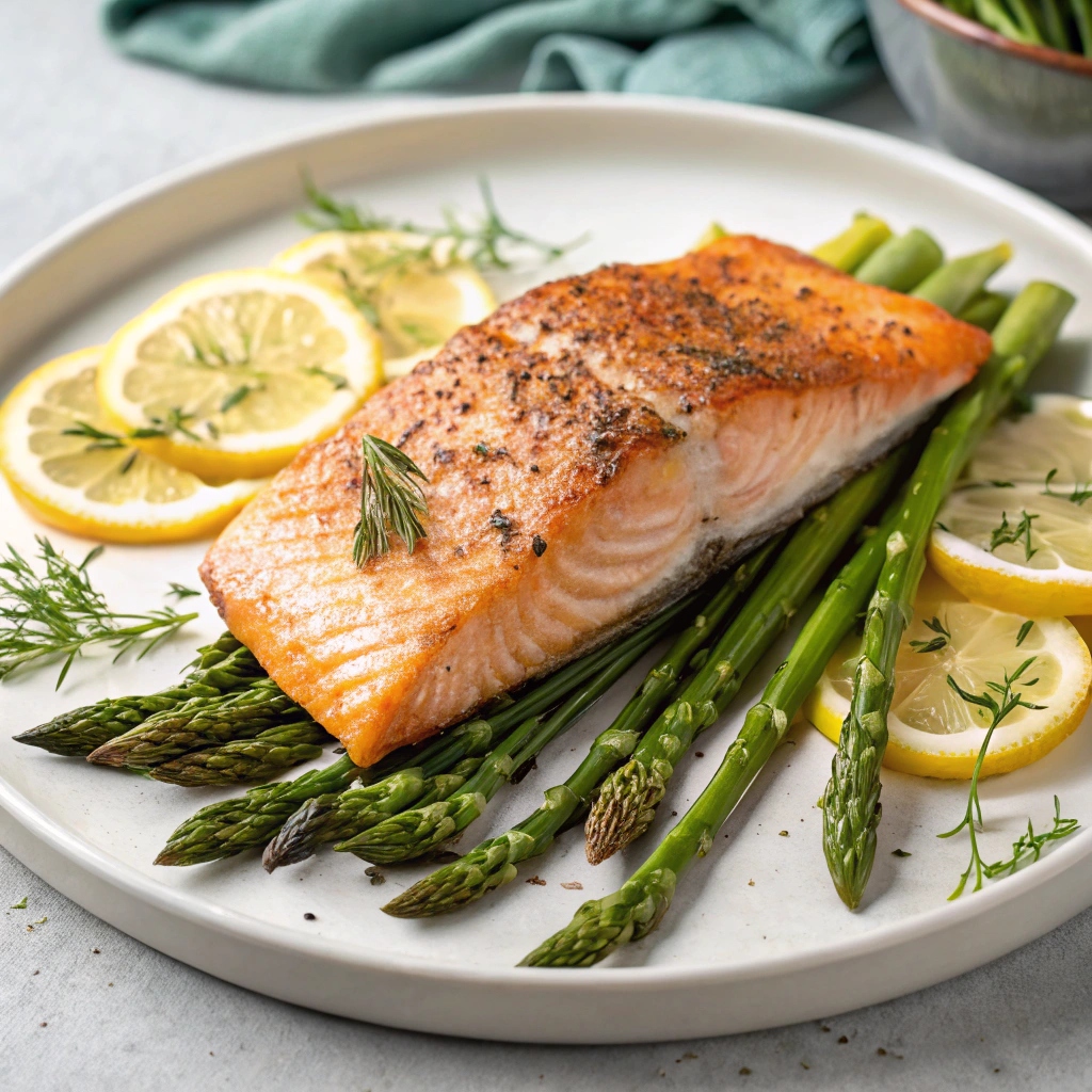 Beautifully plated baked salmon with asparagus, garnished with herbs and lemon wedges.