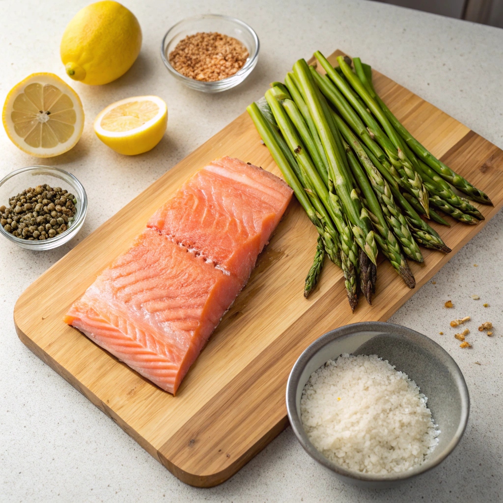Golden-baked salmon fillets and asparagus spears sizzling on a baking sheet straight from the oven.