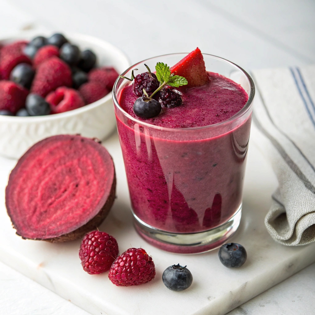 A deep magenta beet berry smoothie garnished with mint and mixed berries, served in a glass with fresh beets, raspberries, and blueberries around it.