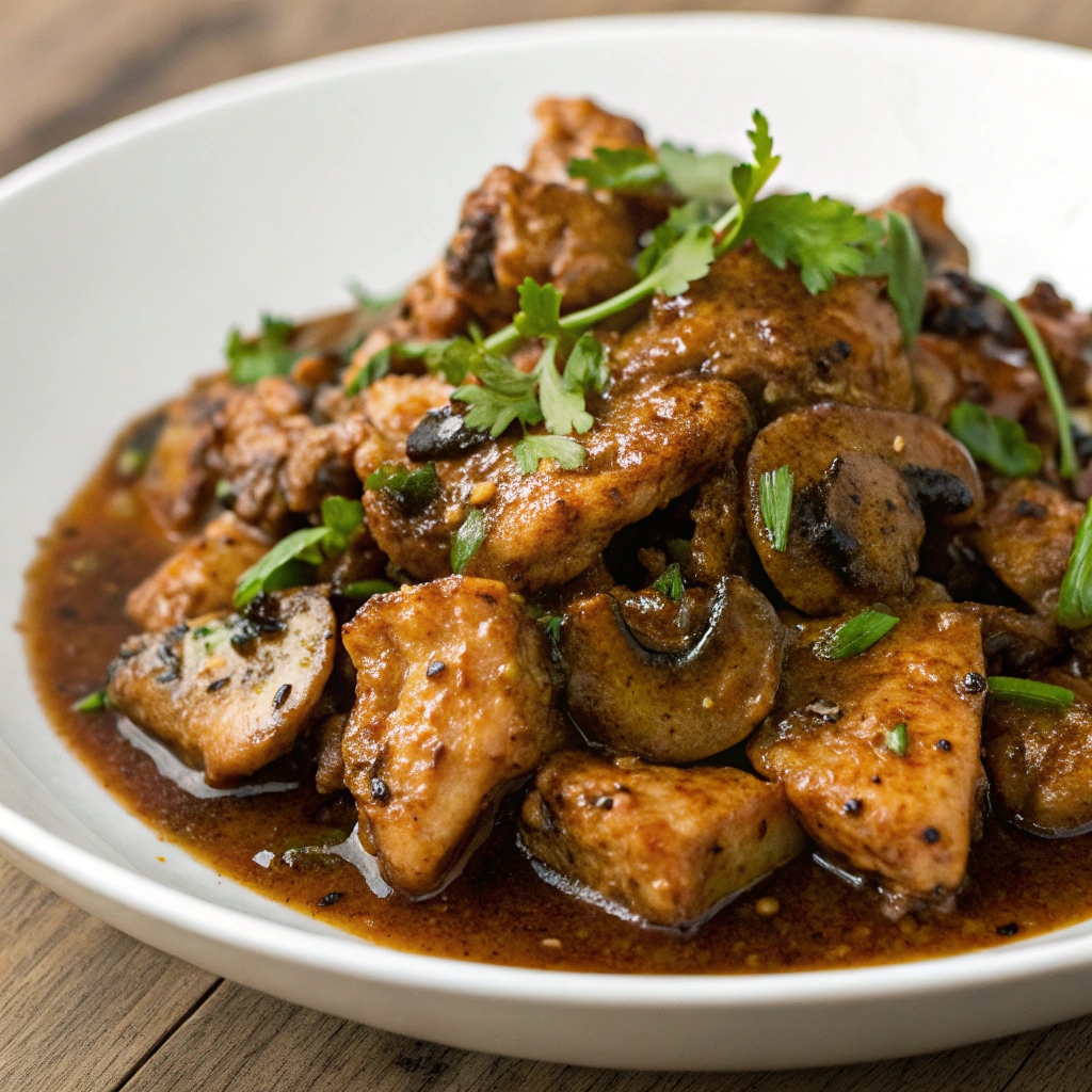 Flavorful Black Pepper Chicken with Mushrooms served over rice