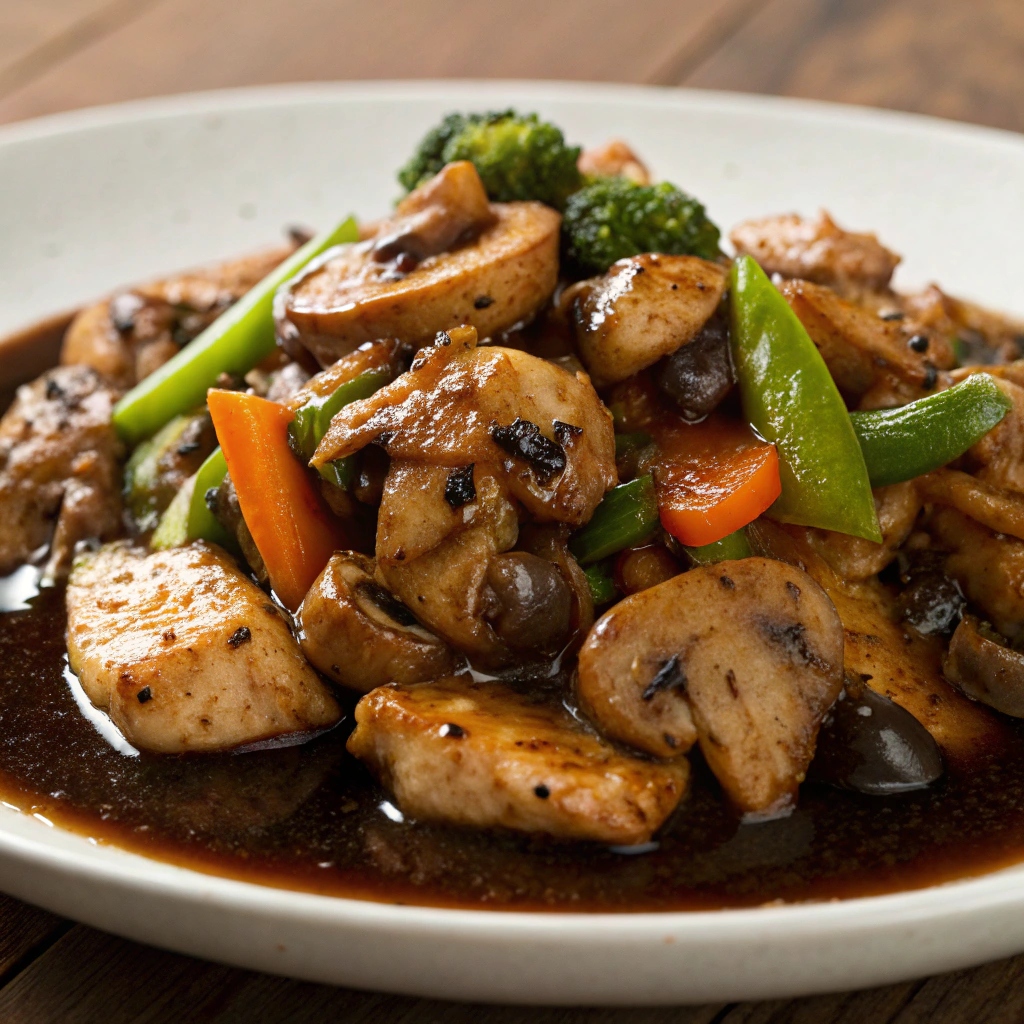 Flavorful Black Pepper Chicken with Mushrooms served over rice