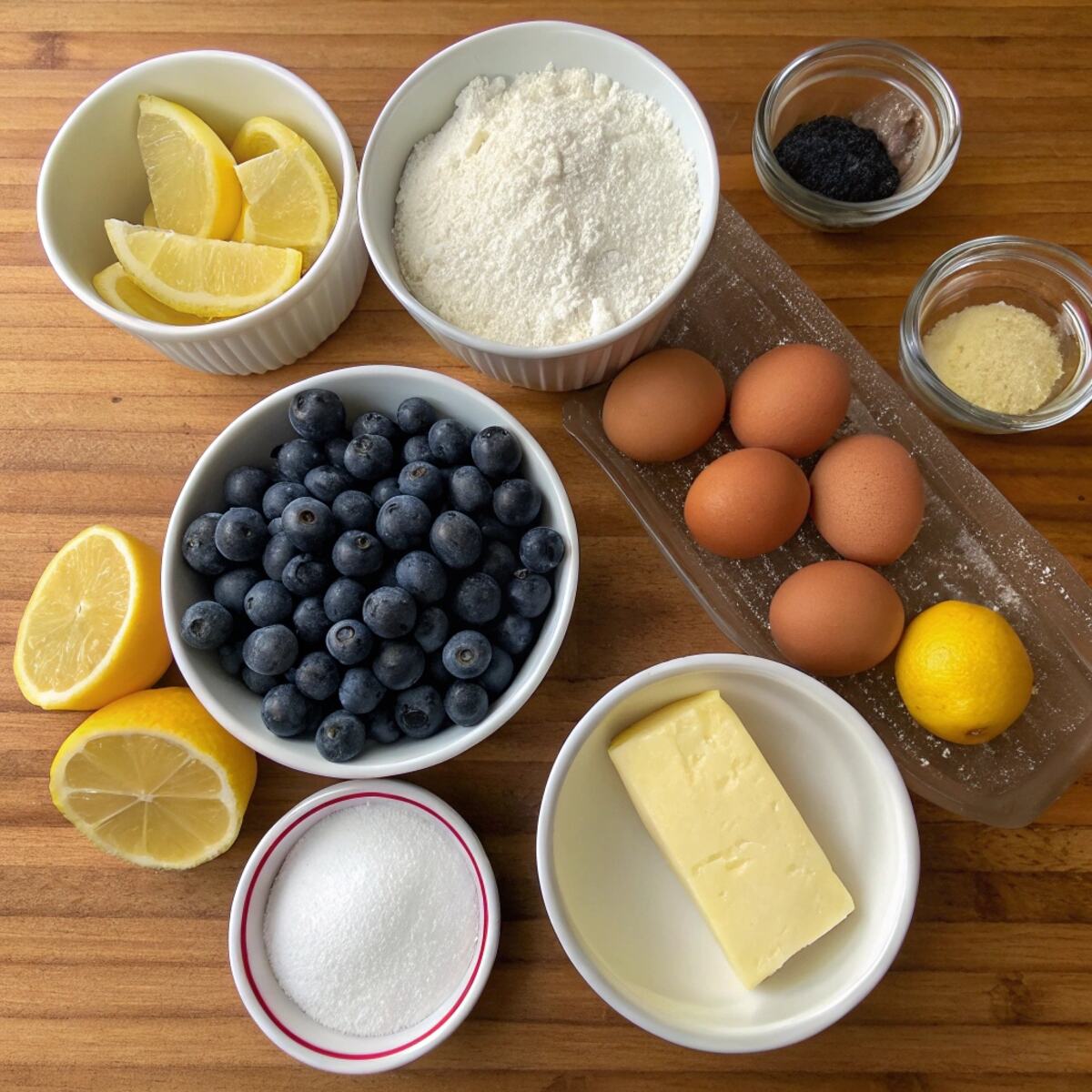  Ingredients for lemon blueberry cake including fresh blueberries, lemon zest, flour, sugar, eggs, butter, and yogurt