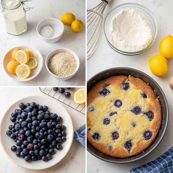 instructions for lemon blueberry cake including fresh blueberries, lemon zest, flour, sugar, eggs, butter, and yogurt