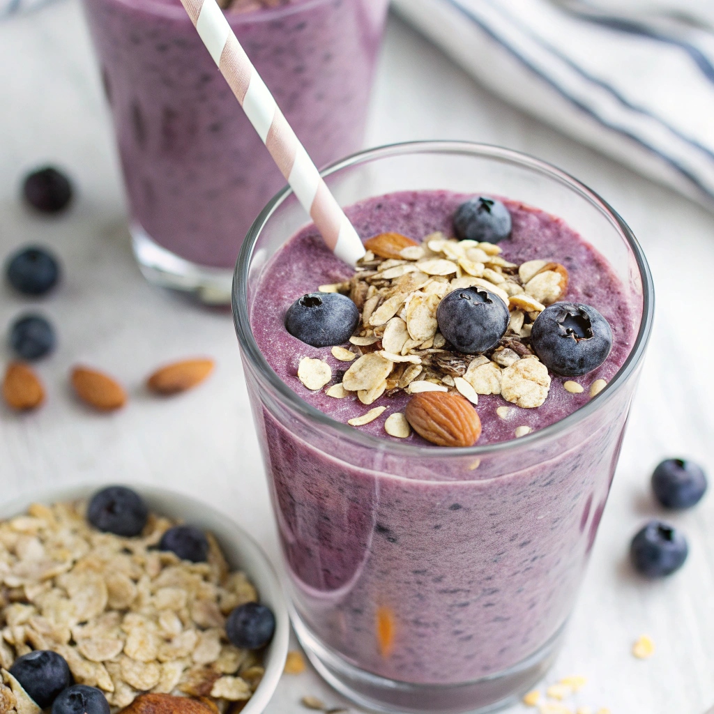 Two glasses of blueberry smoothie topped with granola, fresh blueberries, and a pink-striped straw, surrounded by scattered blueberries, granola, and oats on a light surface.