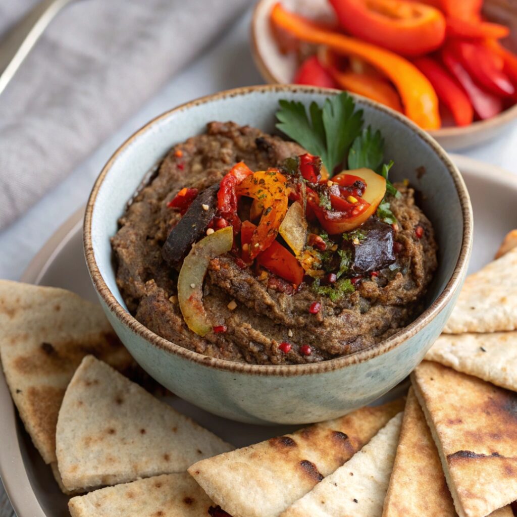 Bowl of smoky Baba Ganoush topped with smoked paprika and chipotle peppers, served with toasted pita chips.