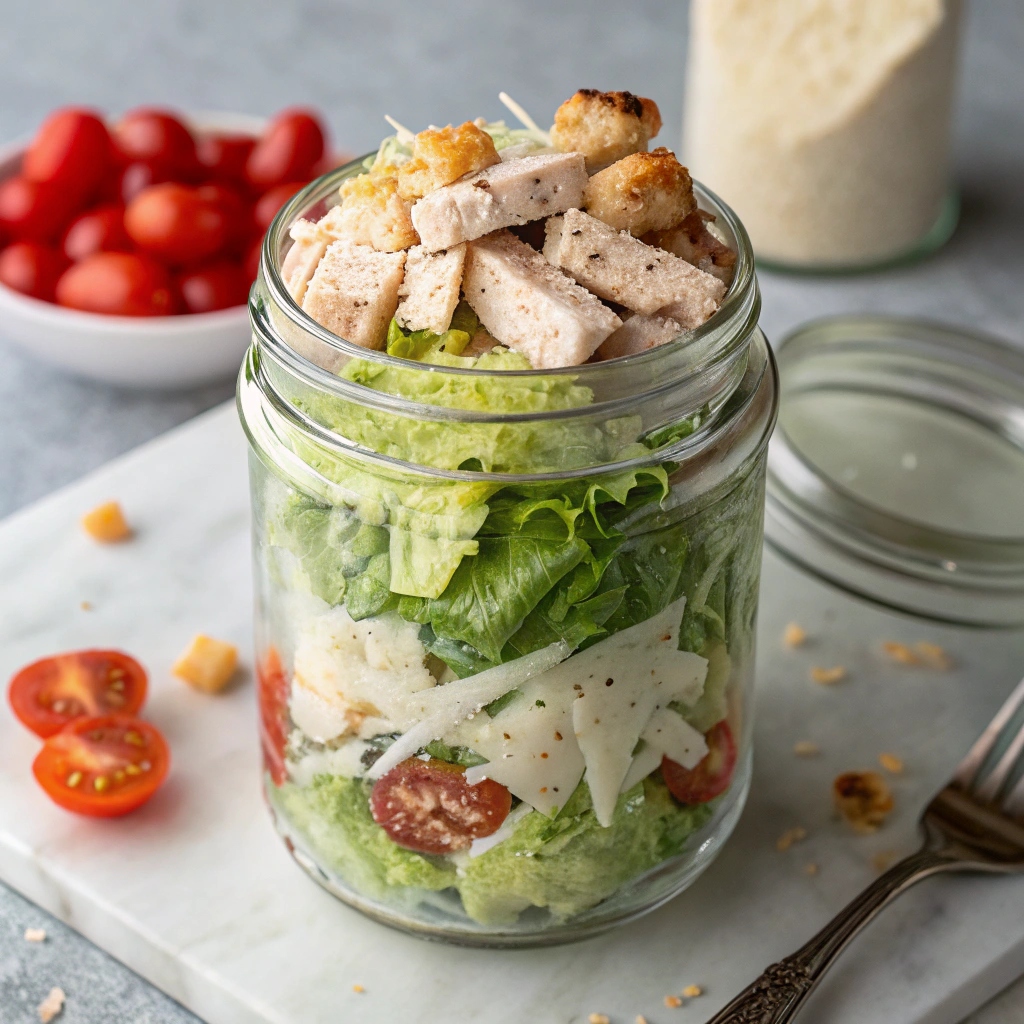 Colorful salad jars filled with fresh ingredients, ready for a healthy lunch.