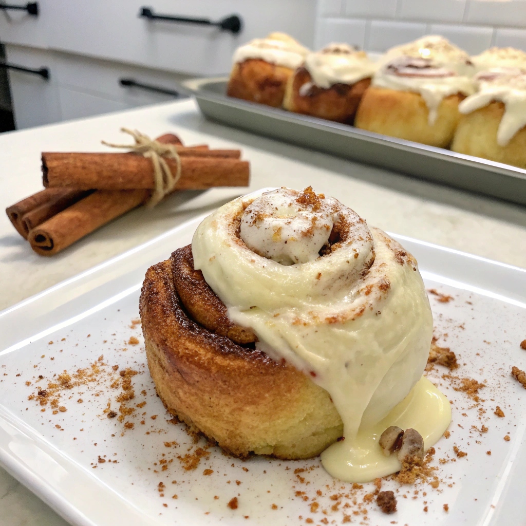 Clone of a Cinnabon cinnamon rolls topped with cream cheese frosting.
