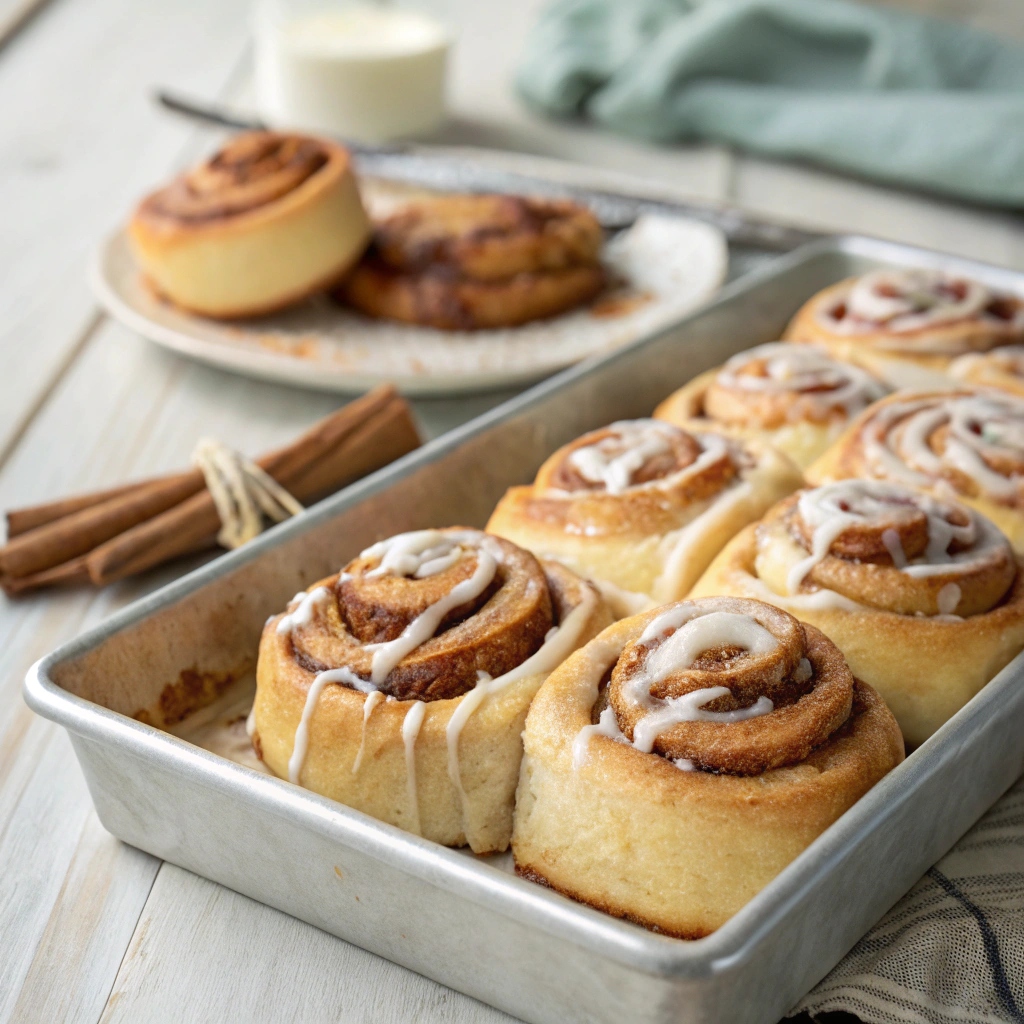 Clone of a Cinnabon cinnamon rolls topped with cream cheese frosting.