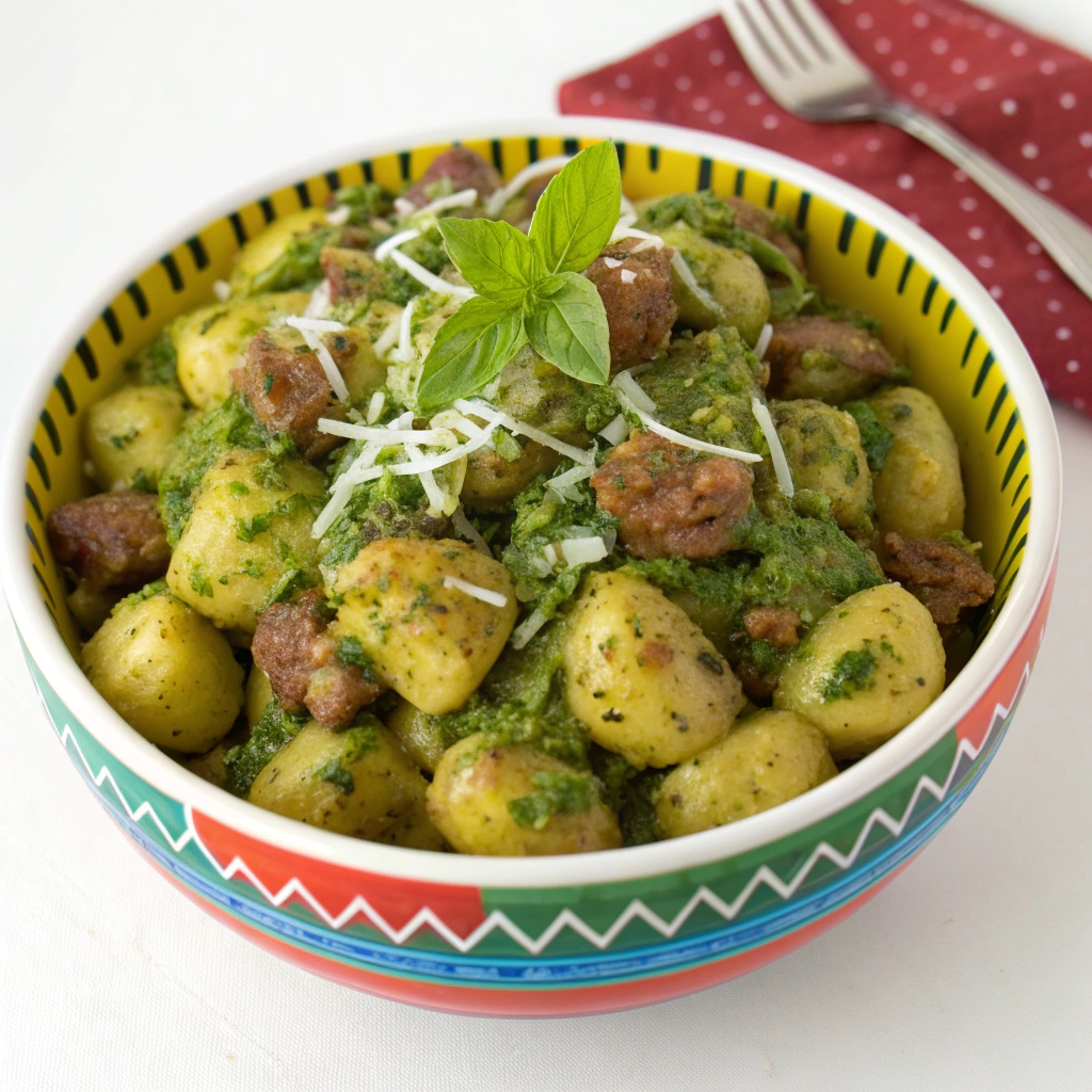 Colorful bowl of roasted gnocchi and sausage tossed in bright green basil pesto, garnished with chopped fresh herbs and grated cheese.