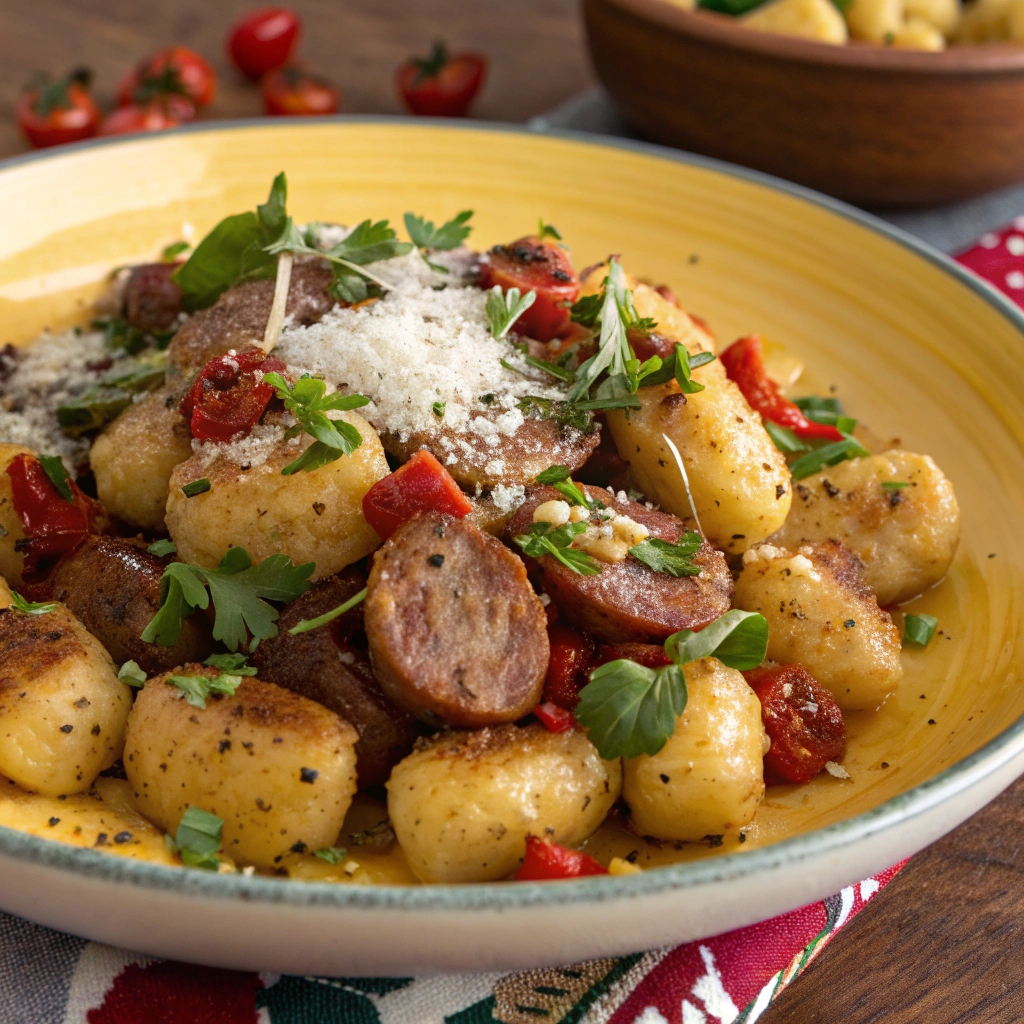 A vibrant plate of roasted gnocchi and spicy sausage topped with fresh herbs, garnished with crushed red pepper flakes and grated Parmesan cheese.