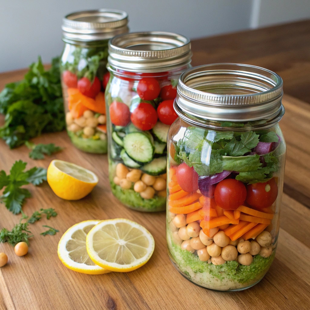 Colorful salad jars filled with fresh ingredients, ready for a healthy lunch.