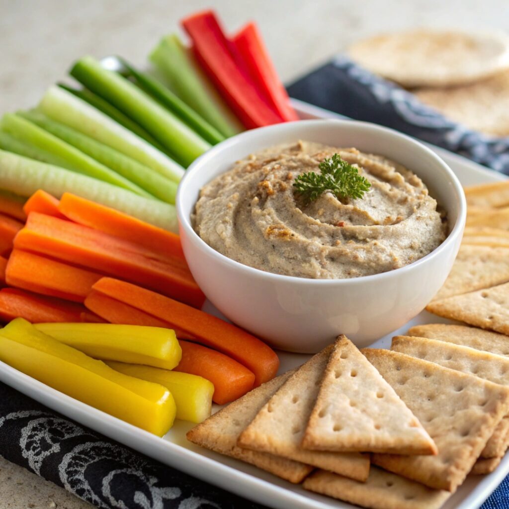 Colorful veggie sticks and gluten-free crackers served with a bowl of Baba Ganoush, perfect for vegan and gluten-free diets.