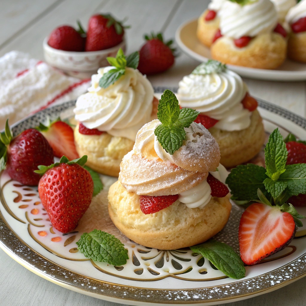 Completed strawberry cream puffs on a decorative plate garnished with fresh strawberries and mint.